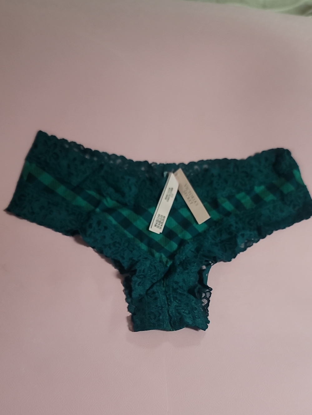 Victoria's secret very sexy lace waist cheeky panty GREEN MEDIUM Plaid NEW!